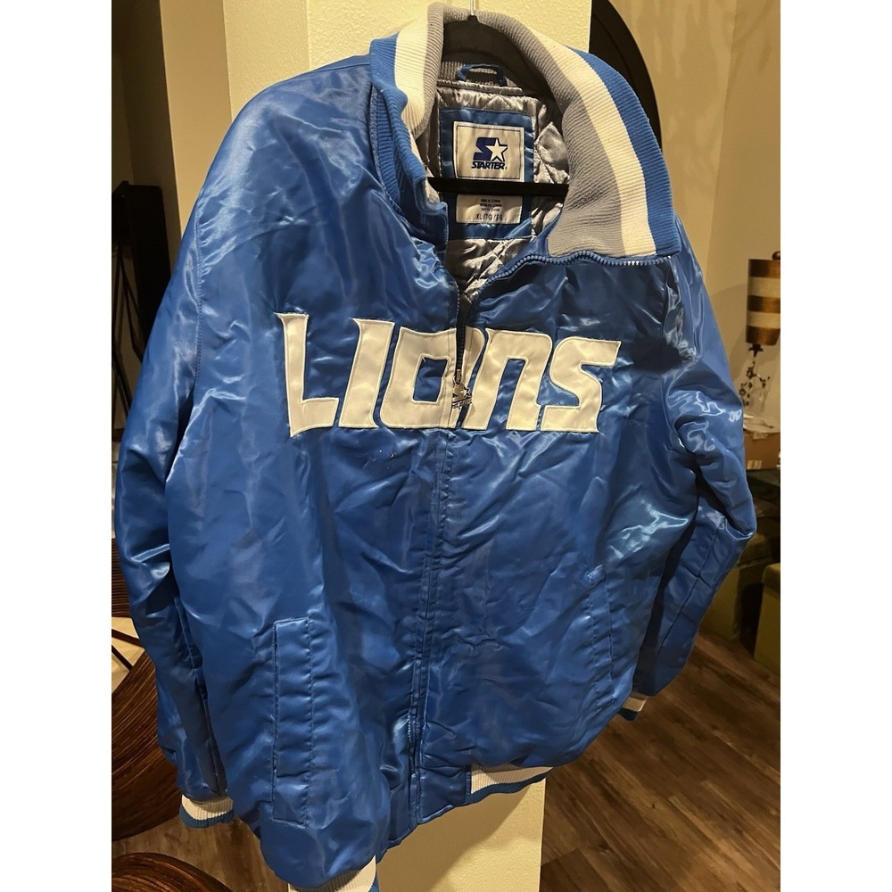 Starter Detroit Lions Full Snap Blue Satin Bomber Varsity Jacket, Size XL 👀pics